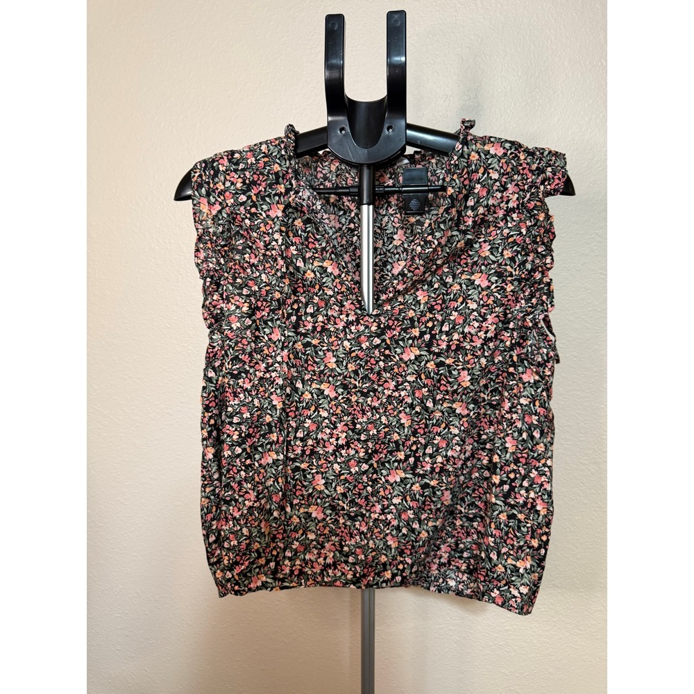 BB Dakota Steve Madden Floral Ruffle Sleeveless Blouse Black Pink Large BM14433W